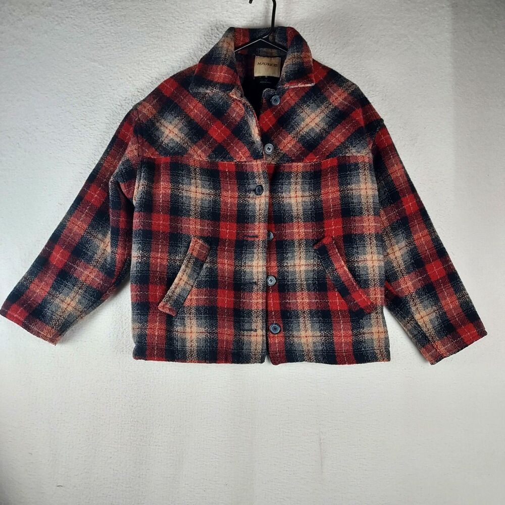 Maurices Red Black Plaid Wool Blend Coat Women Small Button Front Fall Jacket